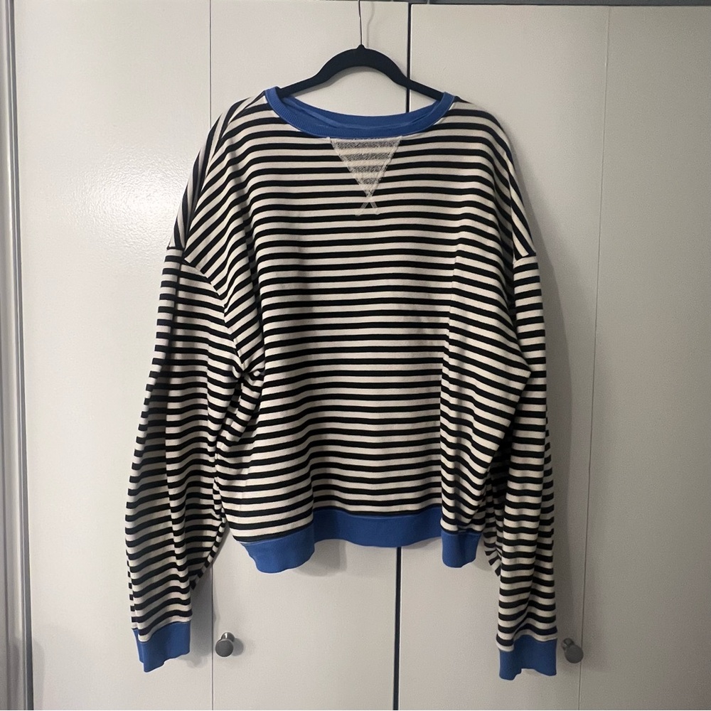 Free People Classic Striped Oversized Crewneck with Blue Accents
